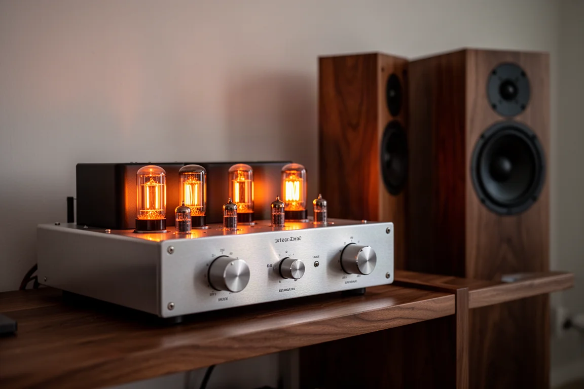 Amplificatore a valvole con valvole luminose davanti a diffusori da pavimento in noce sfocati