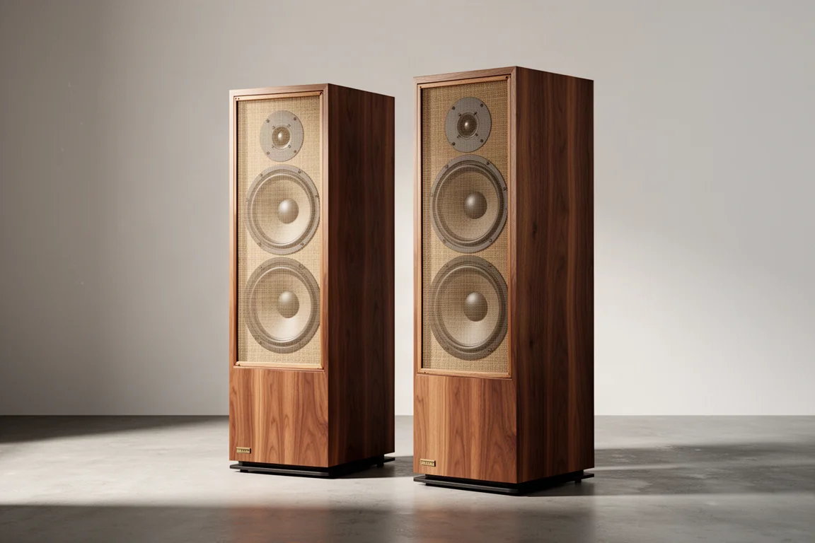 Pair of walnut-veneer retro floorstanding speakers in a minimal listening room