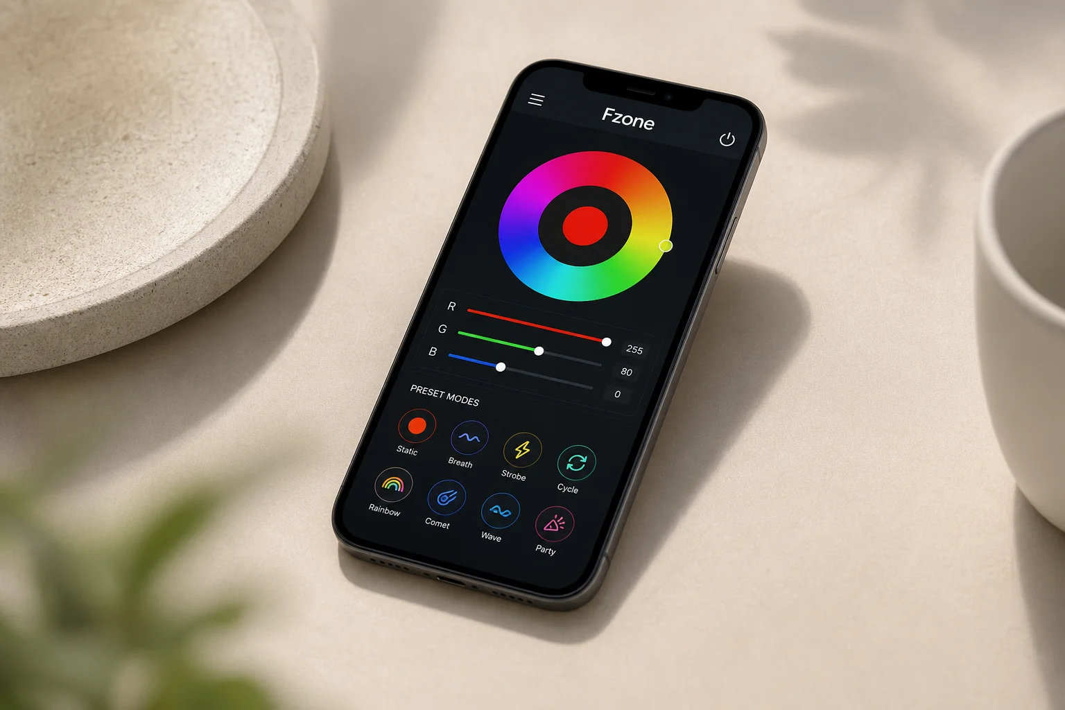 Smartphone displaying Fzone app with RGB color and preset controls