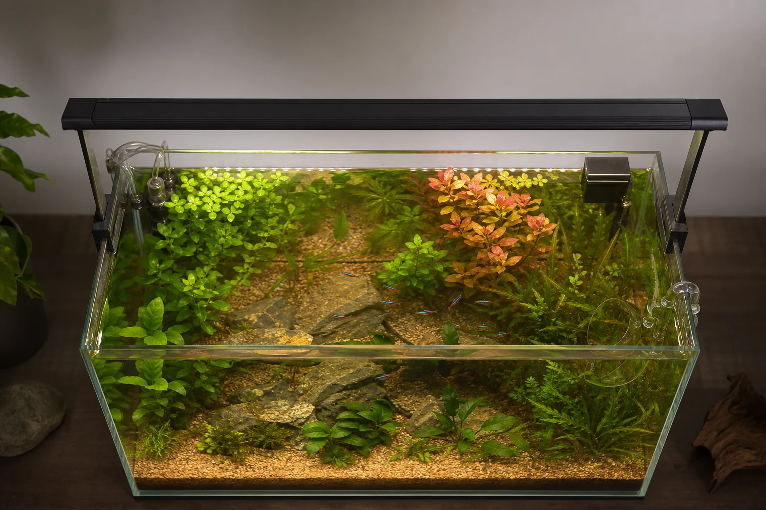 Planted aquarium tank illuminated by Fzone Brite 90 light with fish and plants