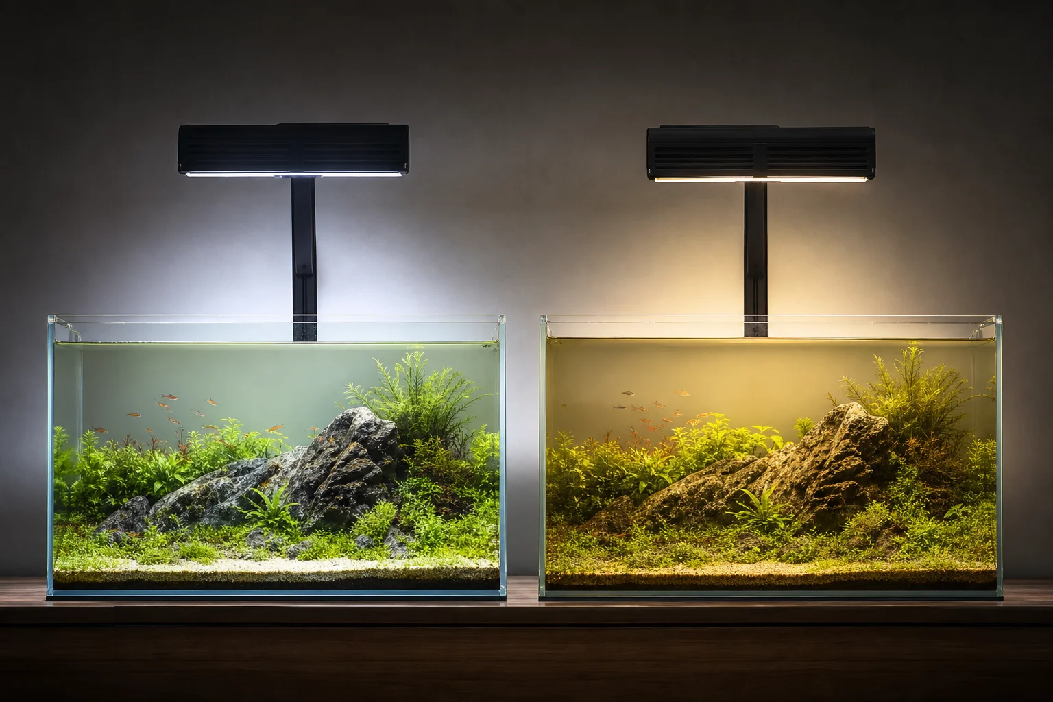 Side-by-side comparison of two aquarium lights showing color output differences