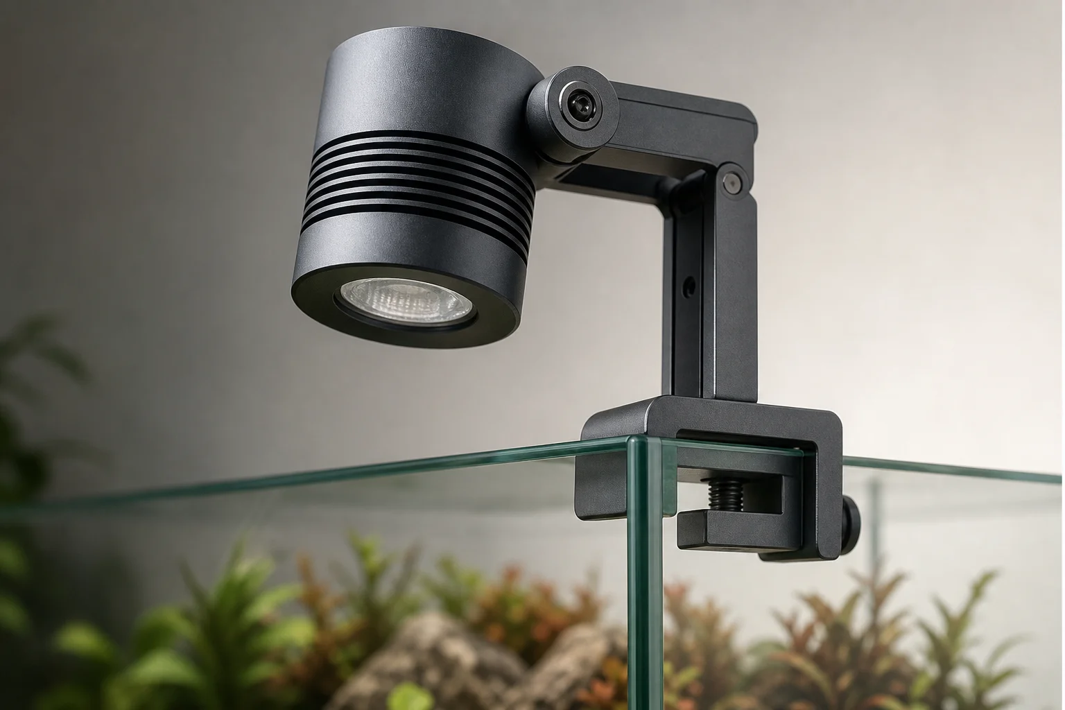Close-up of Fzone Solo Nano metal body and mounting bracket on aquarium glass