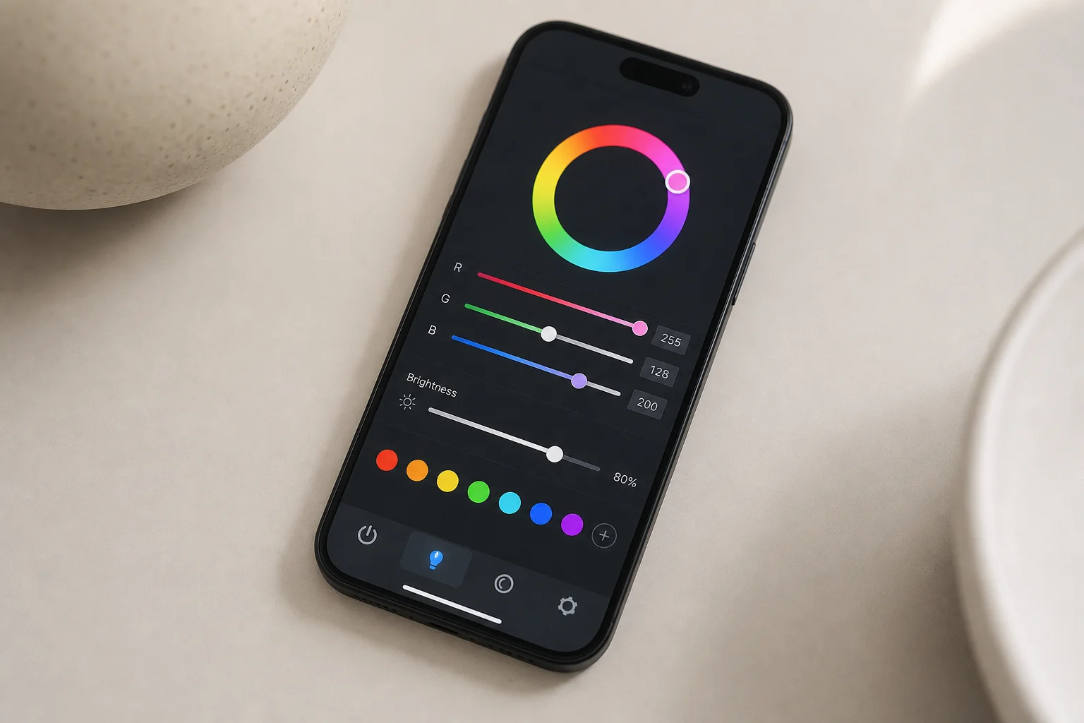 Smartphone displaying the Fzone Solo Nano app interface with RGB color controls