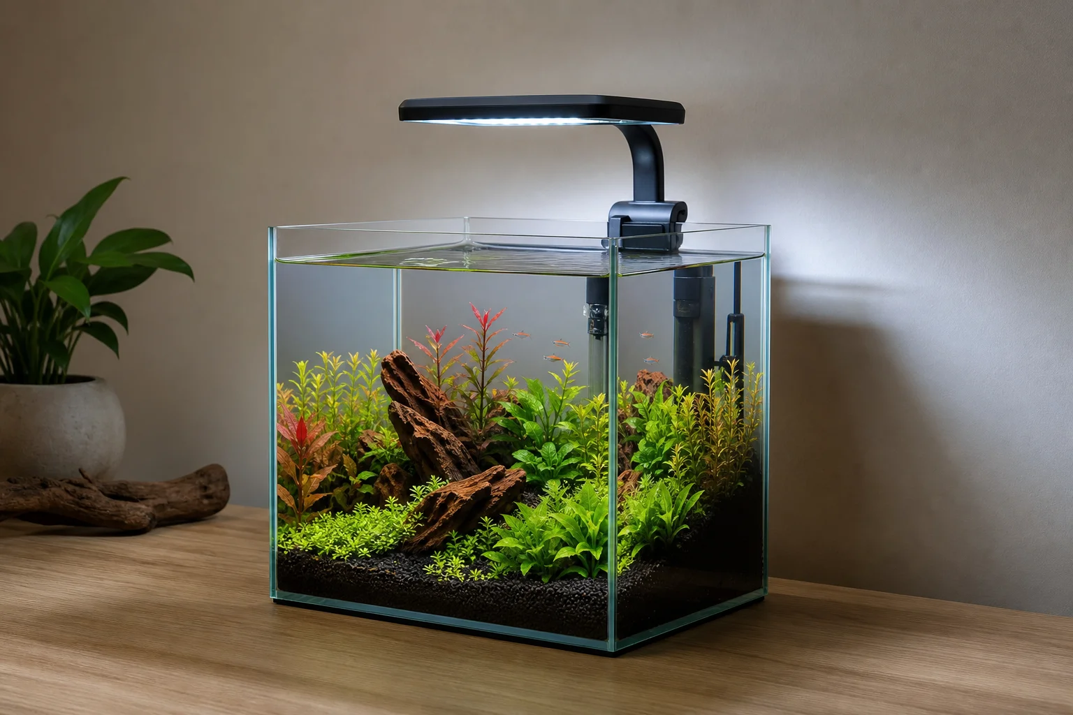 Nano aquarium tank illuminated by the Fzone Solo Nano light, showing color rendering