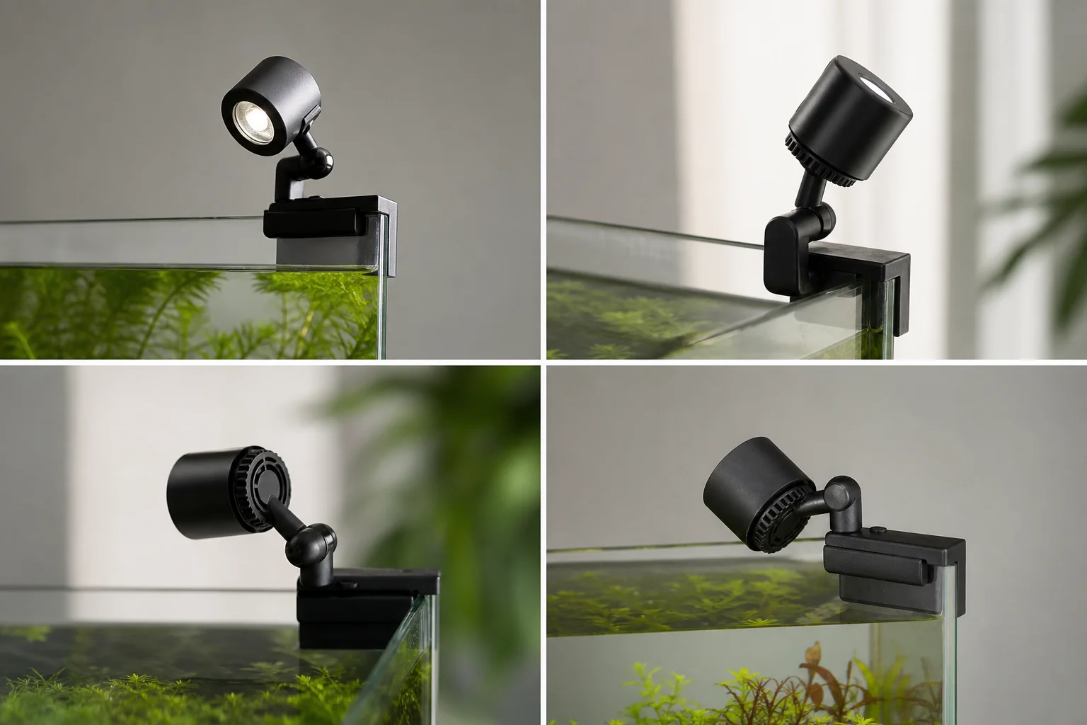 Fzone Solo Nano light mounted on aquarium glass with 360-degree rotation capability demonstrated