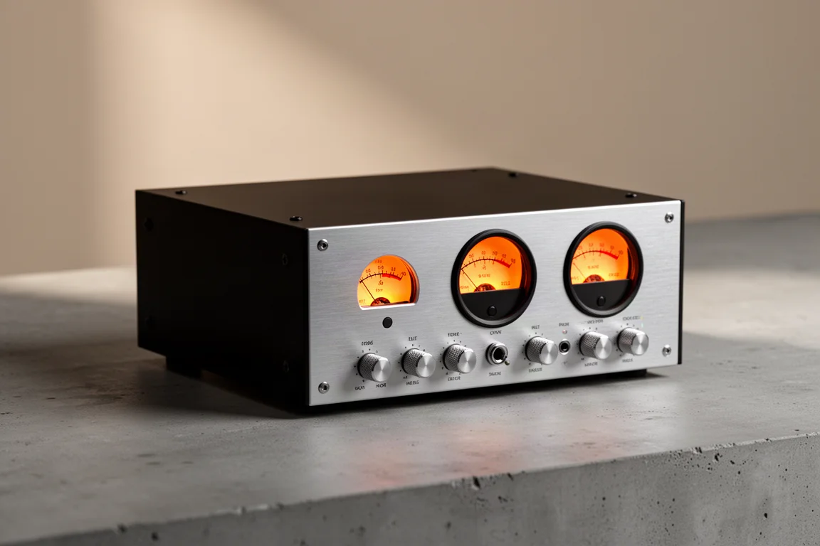 Compact hi-fi switcher with two glowing analog-style watt meters on a concrete surface