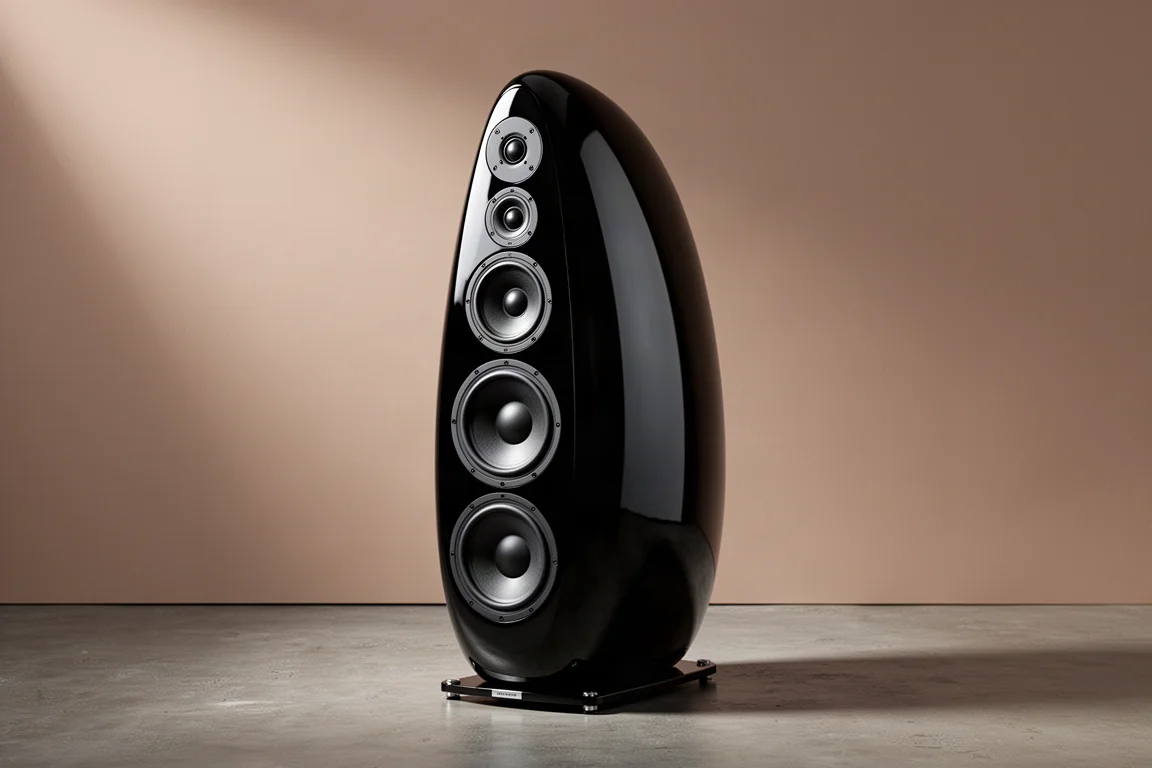 High-gloss black teardrop-shaped three-way floorstanding speaker on a concrete floor