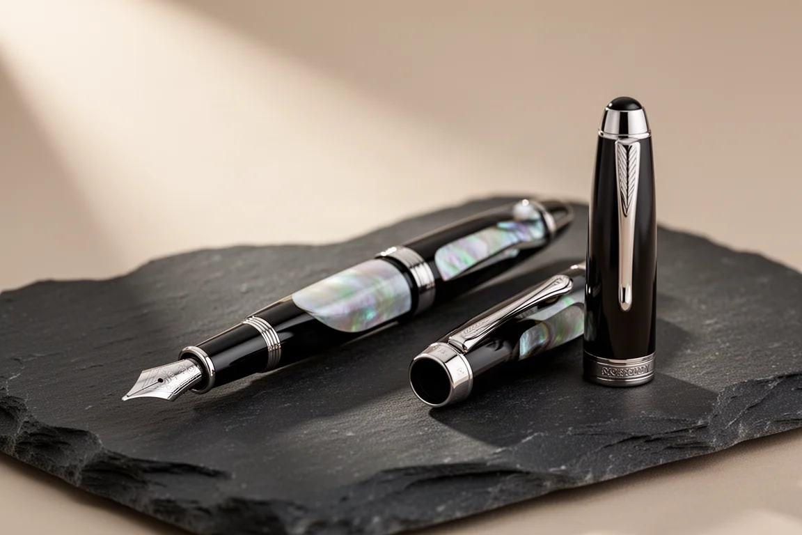 Luxury black mother of pearl fountain pen with platinum trim on dark stone surface
