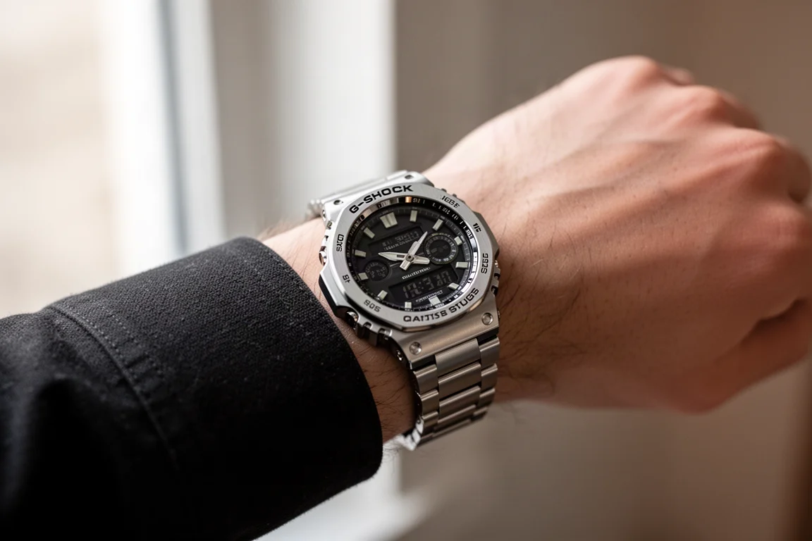 Handled med en G-Shock med eftermarknadsboett i stål och roterande lunett