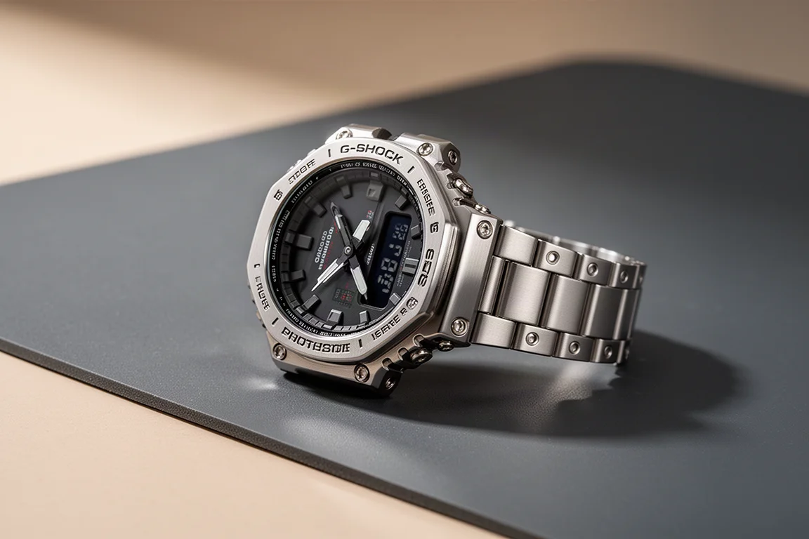 裝上鋼製副廠錶殼及旋轉錶圈的 G-Shock GA-2100,放在深色工作墊上