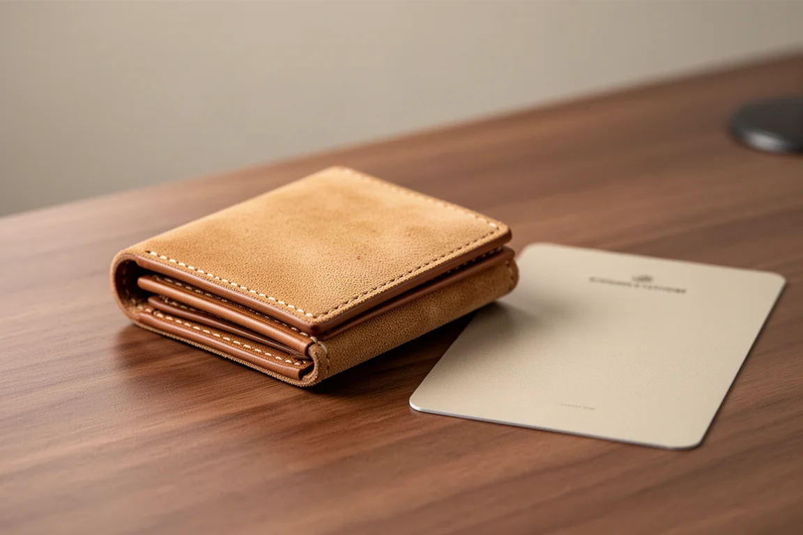 Porte-clés en cuir de daim beige posé sur un bureau en bois à côté d'une carte de collection