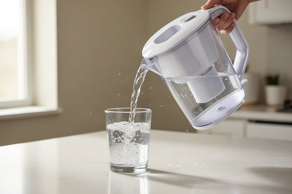 Eau claire versée d'une carafe filtrante blanche dans un verre sur un plan de travail de cuisine