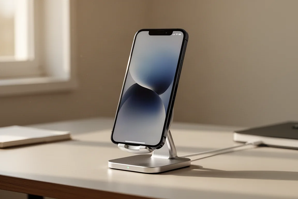 Téléphone fixé magnétiquement sur un support de charge de bureau en aluminium anodisé