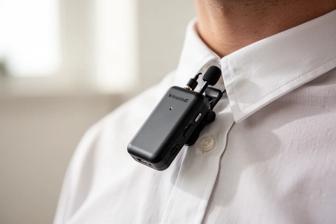 Minuscule émetteur de micro sans fil accroché à un col de chemise dans une pièce lumineuse