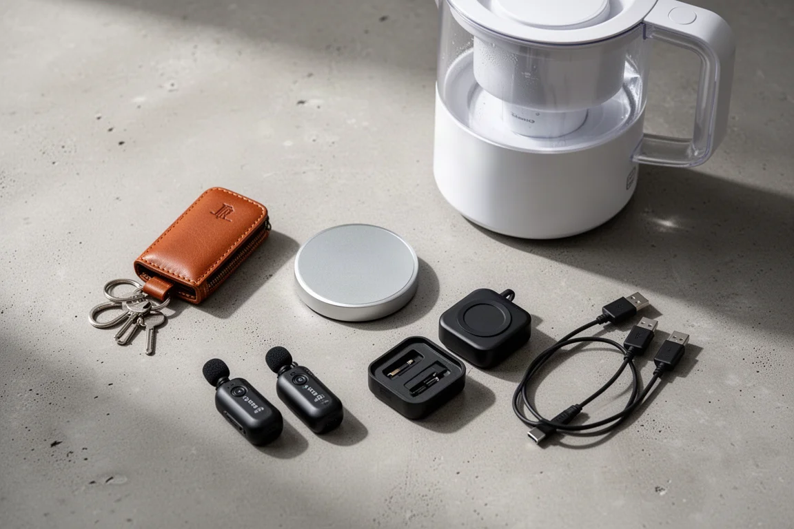 Five modern gadgets arranged on a matte concrete surface in soft light
