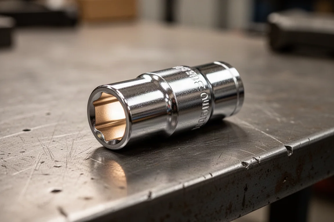 Gepolijste chroom 10mm dubbelzijdige dop die op een werkbank rust