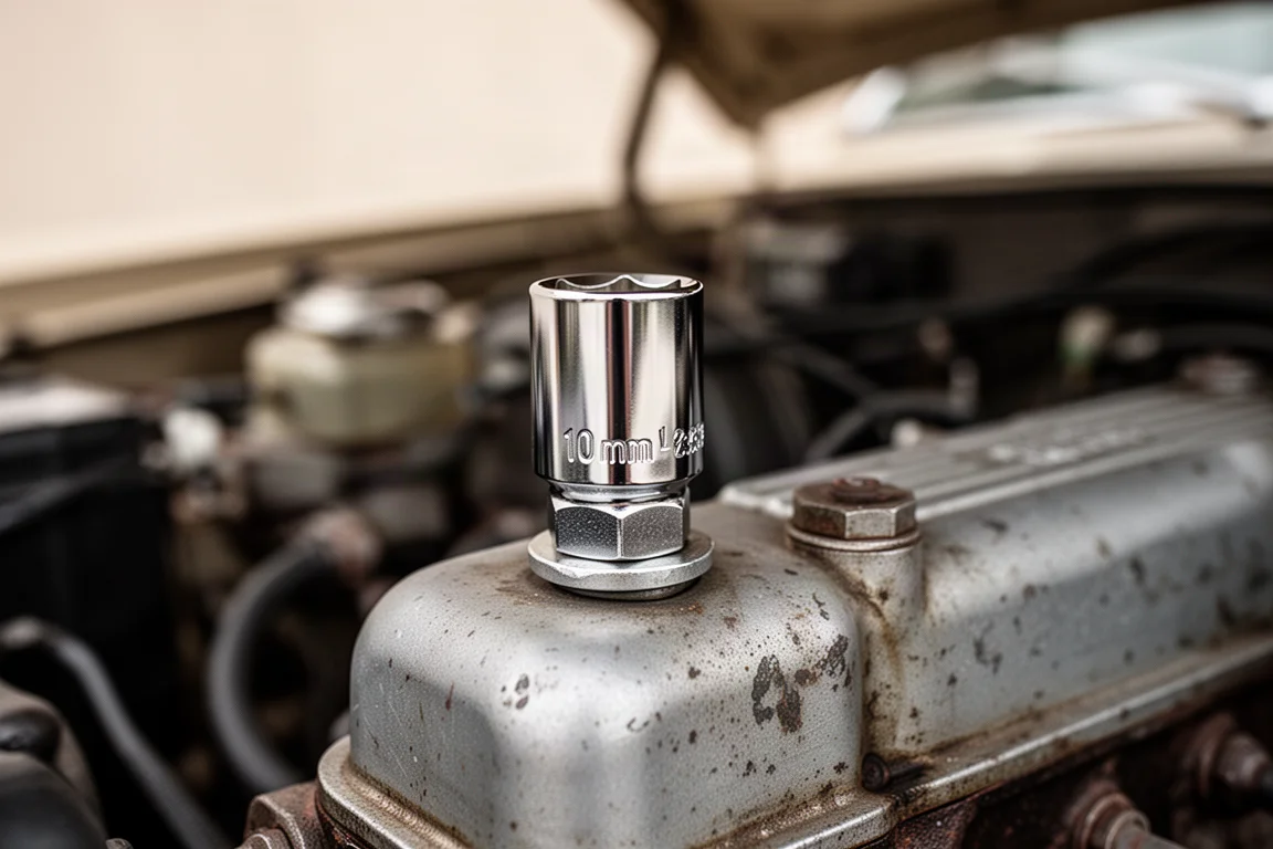 Dop geplaatst op een 10mm moer van een auto-onderdeel