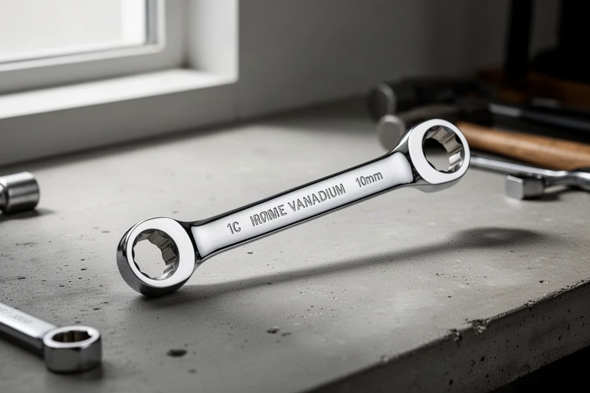 Polished chrome 10mm double-ended socket wrench on a concrete workbench