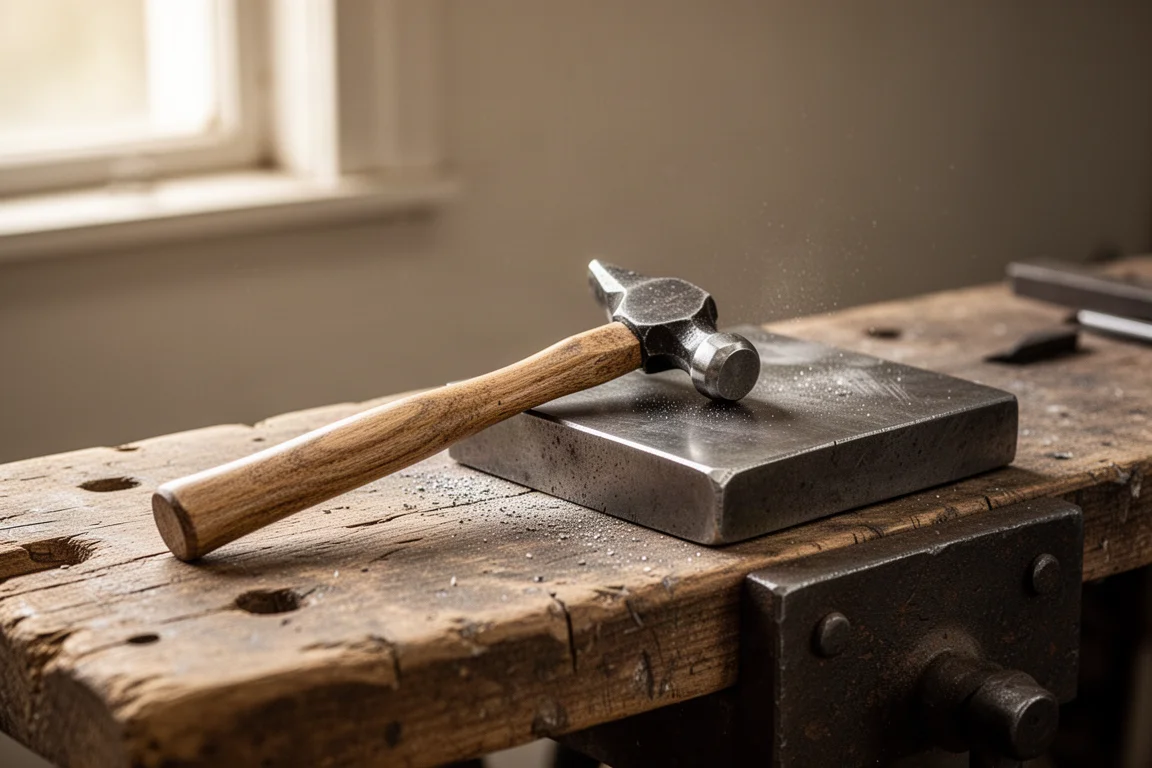 Small ball peen hammer resting beside a metalworking setup on a workbench