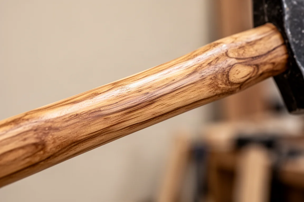 Close-up of a hickory hammer handle showing wood grain orientation