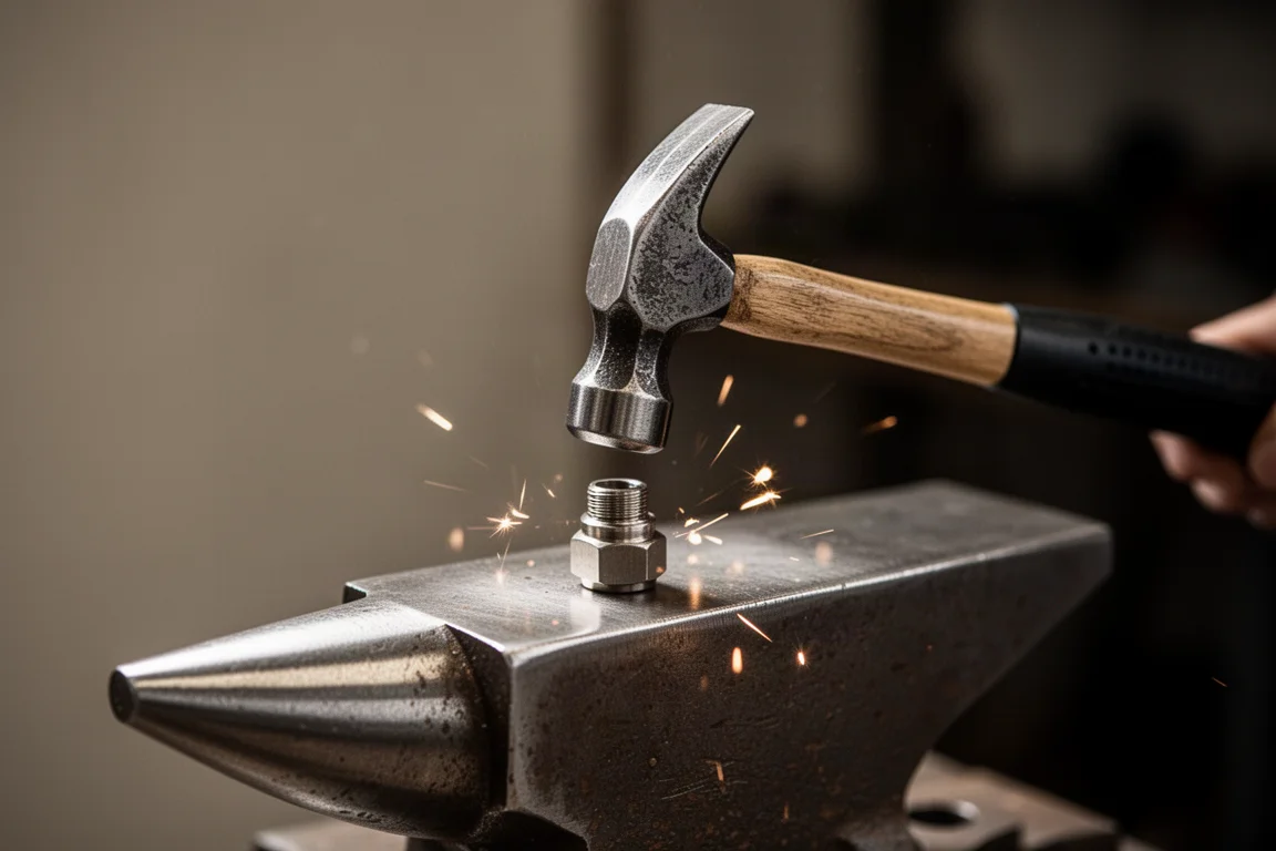 Hammer striking a small metal part on an anvil surface