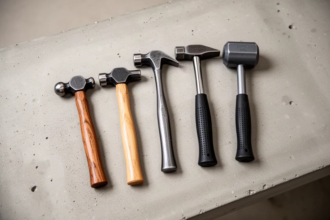 Assortment of small hammers arranged on a workbench