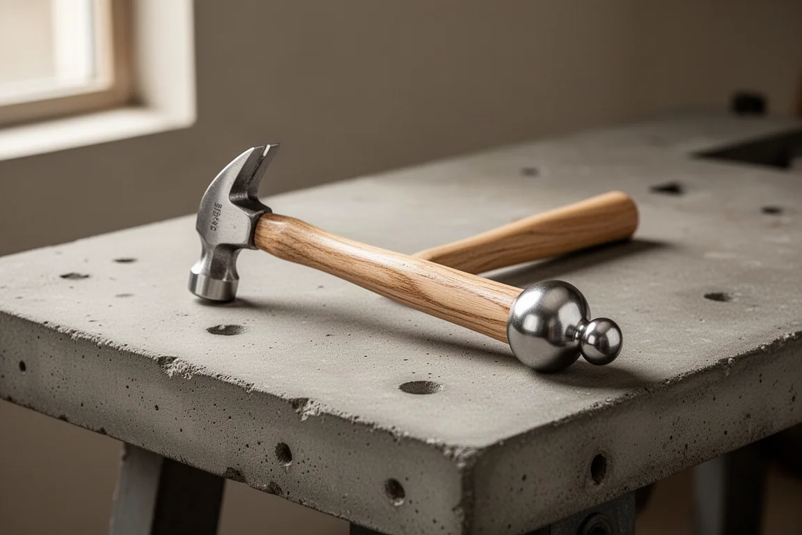 Small hickory-handled ball peen hammer on a concrete workbench