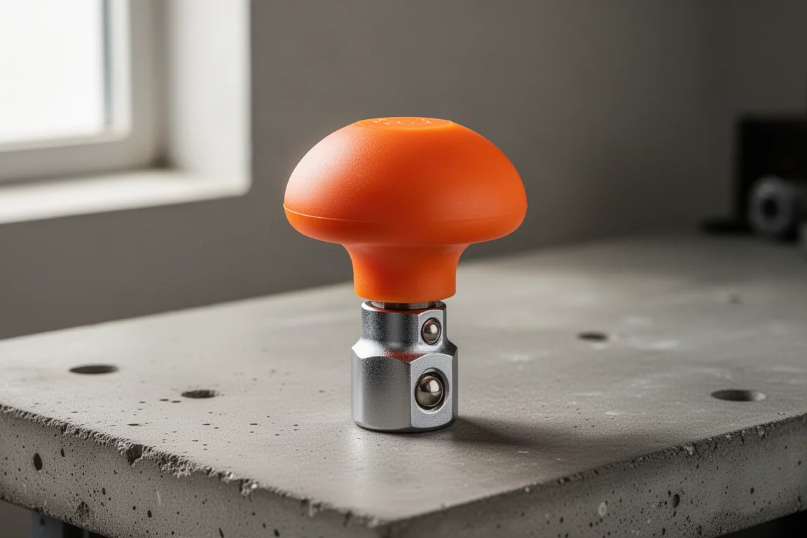 Mushroom head spinner tool with orange plastic cap on a concrete workbench