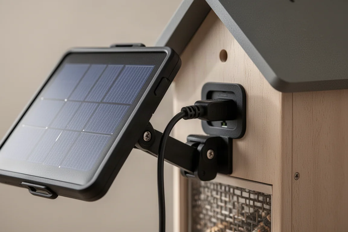 Primer plano de un cable de panel solar externo conectado a la parte trasera del comedero