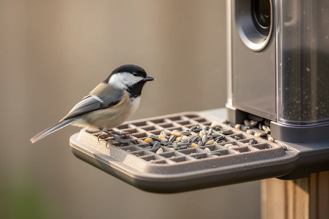 Una chickadee posada en el borde de la plataforma de apoyo del comedero