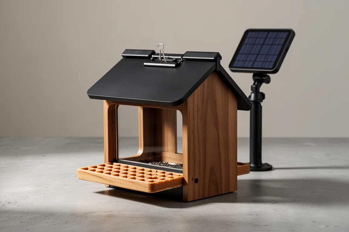Gaga smart bird feeder with external solar panel on a concrete surface