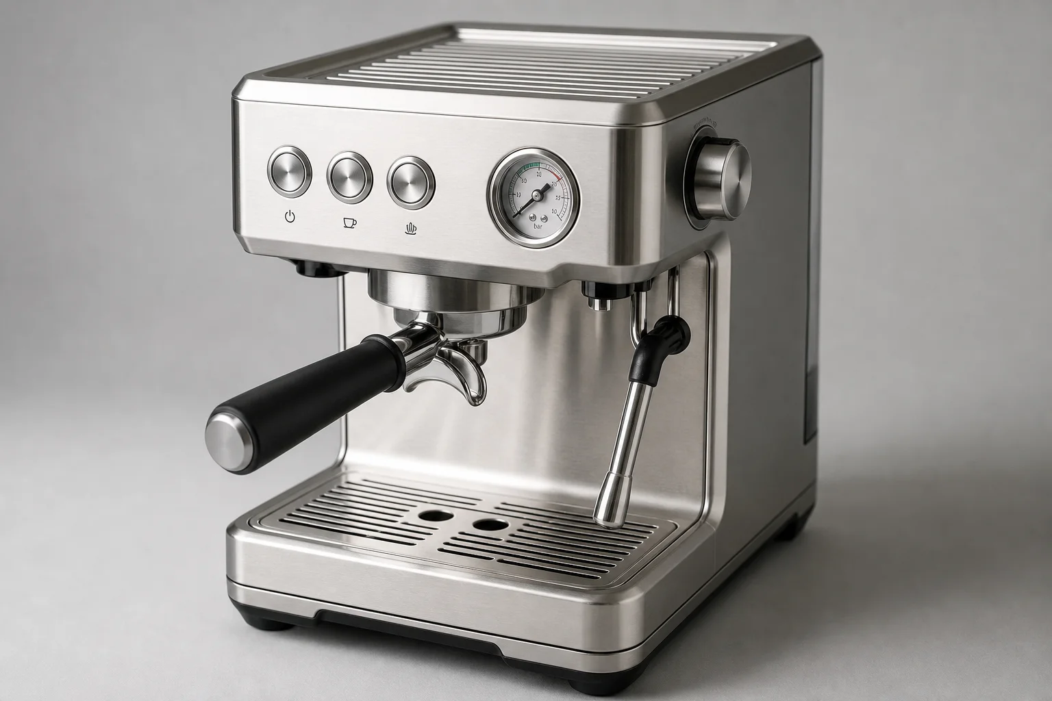Five home espresso machines arranged in a line on concrete surface
