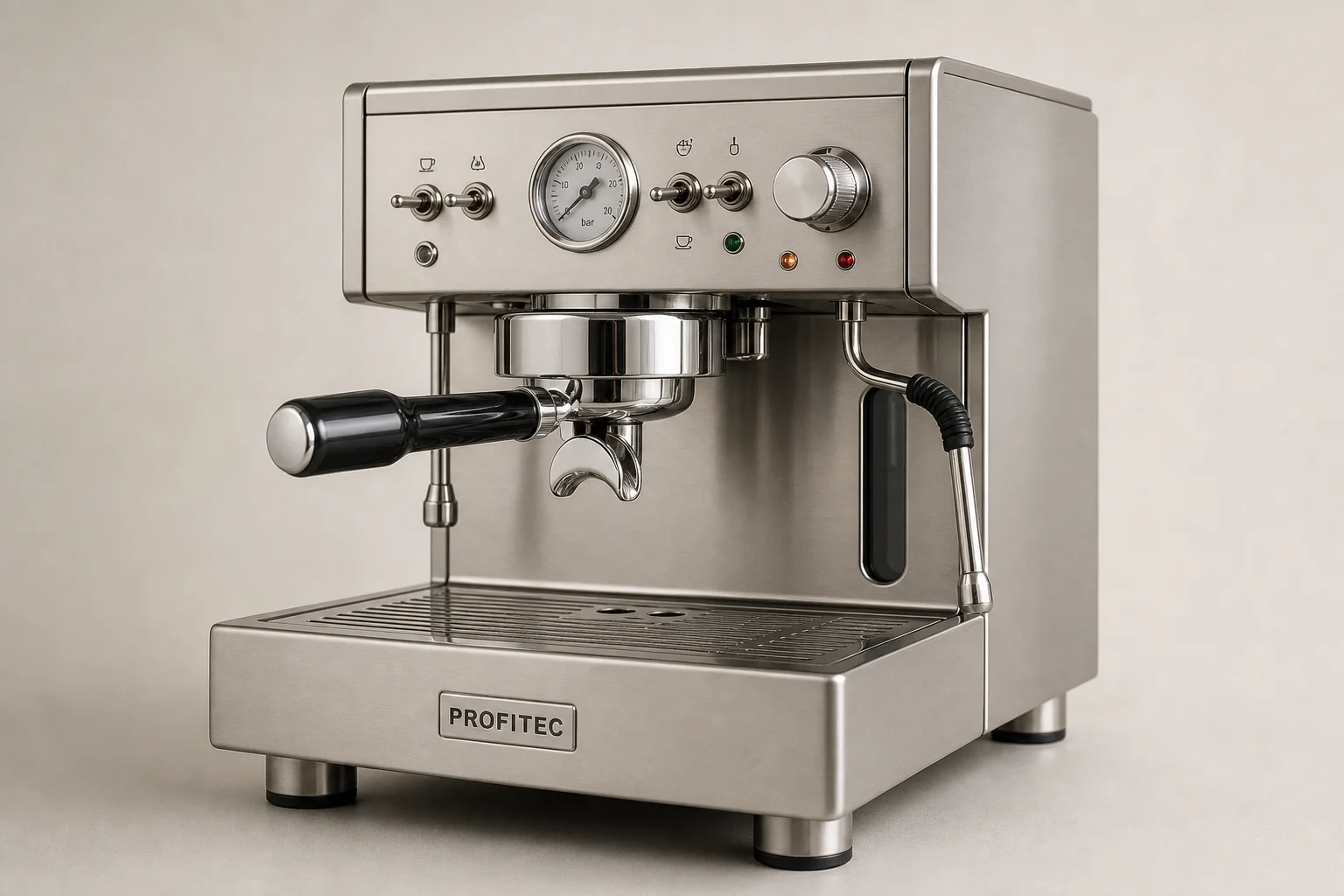 Five espresso machines lined up showing different designs and finishes