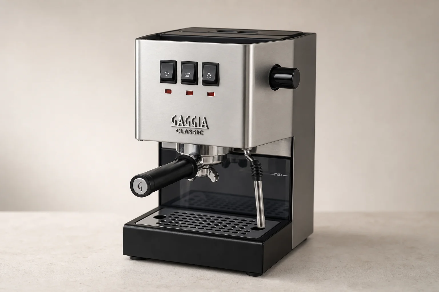 Complete budget espresso setup with Gaggia Classic, grinder, scales, and accessories on concrete surface