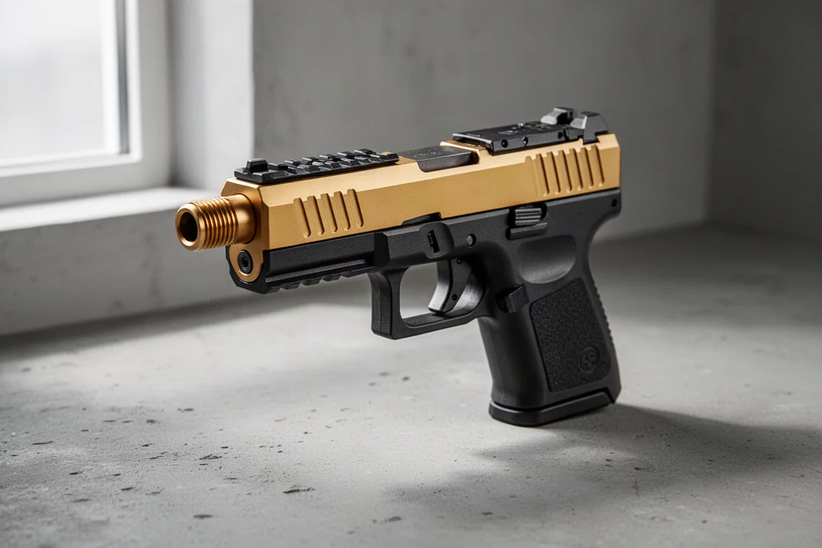 Airsoft-Pistole mit goldener oberer Hälfte und schwarzem unteren Rahmen auf Betonoberfläche
