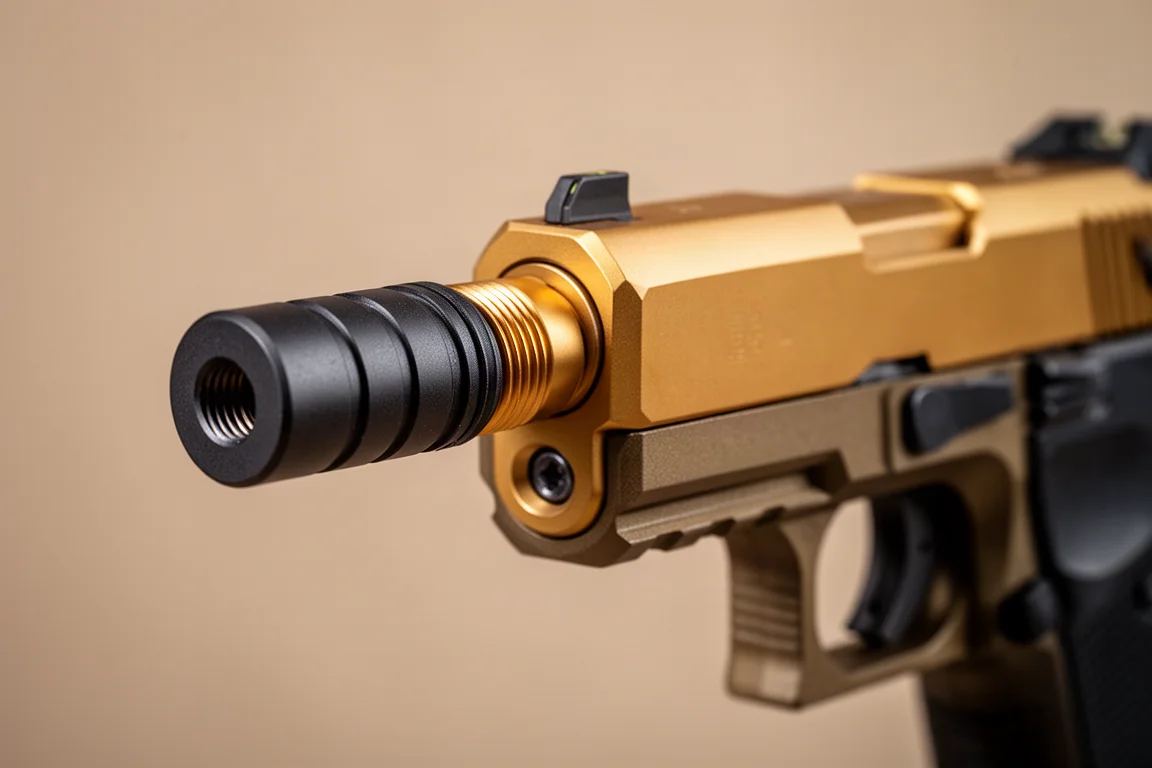 Nahaufnahme des Gewindelaufs der Airsoft-Pistole mit montiertem Schalldämpfer