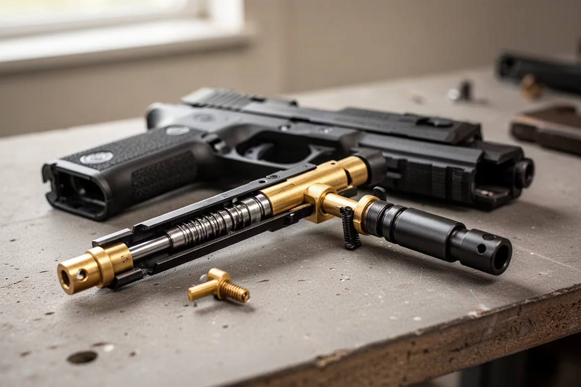 Zerlegte Airsoft-Pistole mit sichtbarem Innenmechanismus und Hop-Up-Schraube