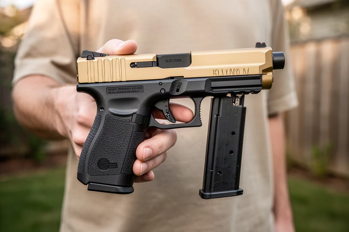 Airsoft-Pistole mit entnommenem Magazin und sichtbarem Vollautomatik-Wahlhebel