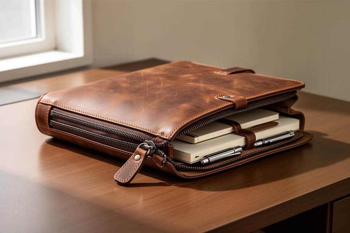 Brown leather compendium bag with zipper open showing notebook and pen slots