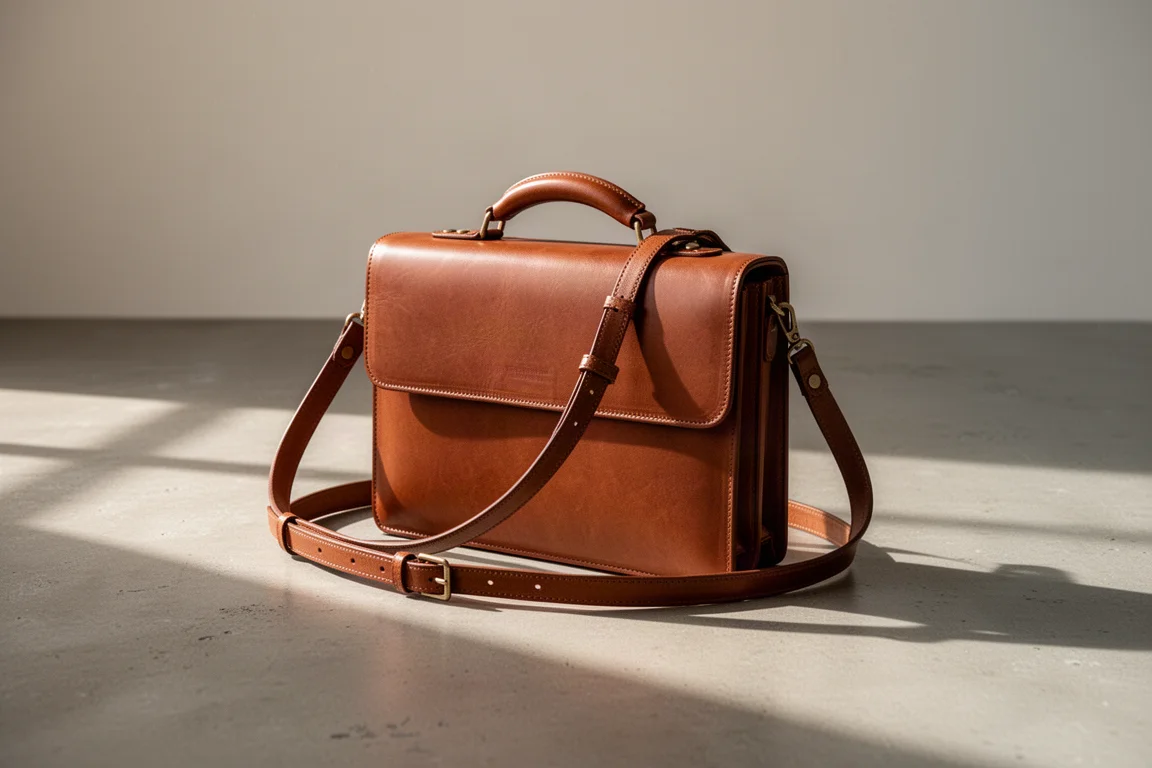 Geschlossene Ledertasche liegend auf einem Schreibtisch mit Lederriemen und Griff sichtbar