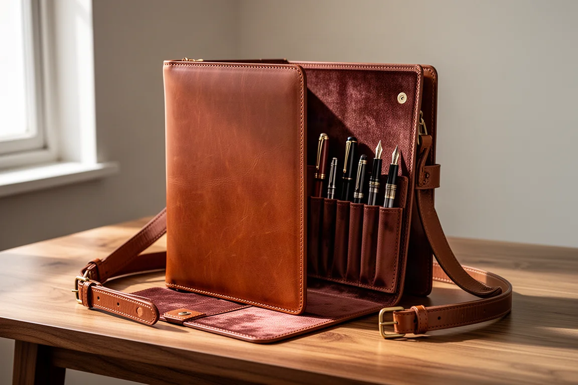 Saddle-brown leather folio case partially open on an oak desk showing pen loops and velvet lining