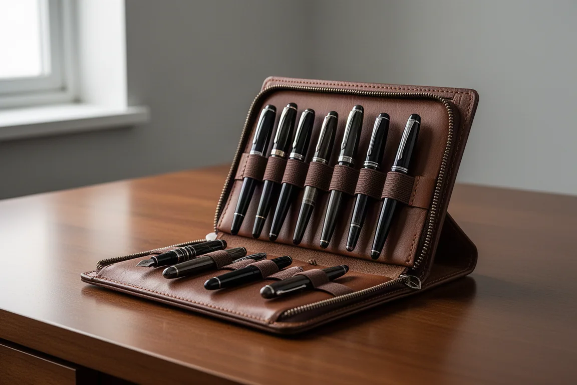 Étui à stylos en cuir ouvert, incliné sur un bureau, avec plusieurs stylos-plumes à l'intérieur