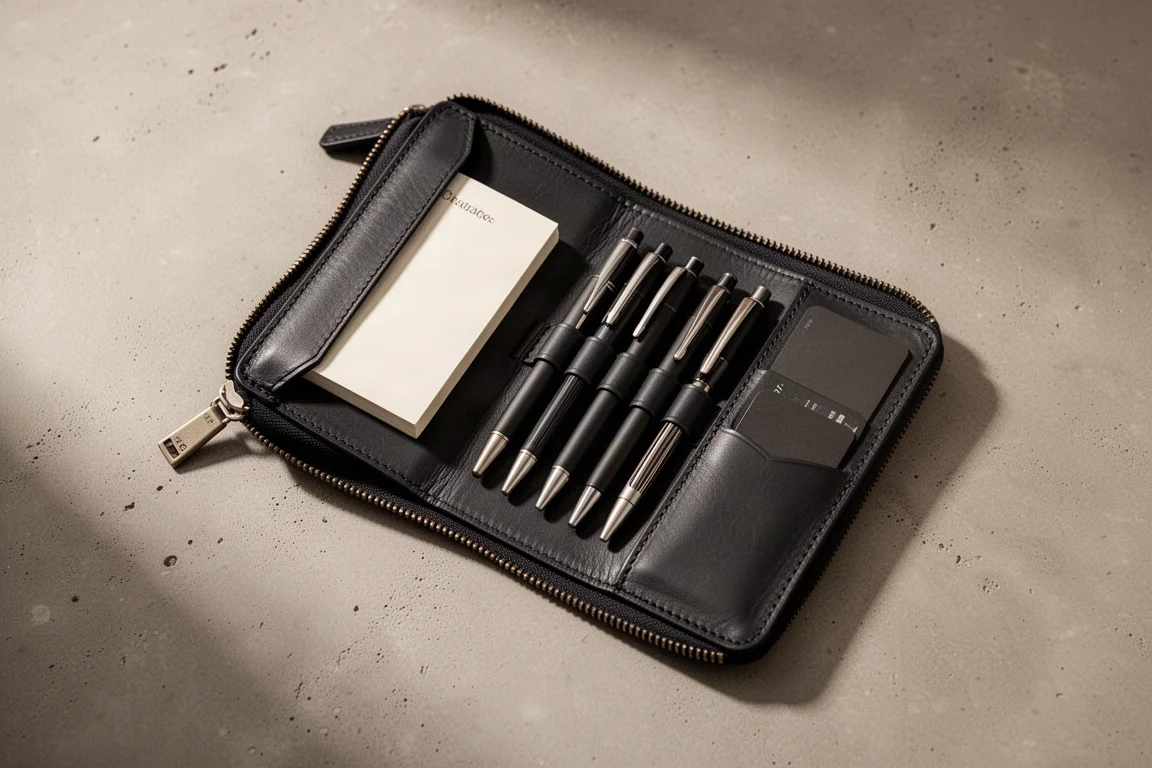 Pochette zippée en cuir ouverte sur un bureau montrant un cahier insérable et des emplacements pour stylos