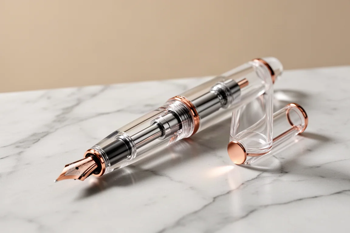 Stylo-plume en résine transparente avec finitions or rose, décapuchonné sur un bureau