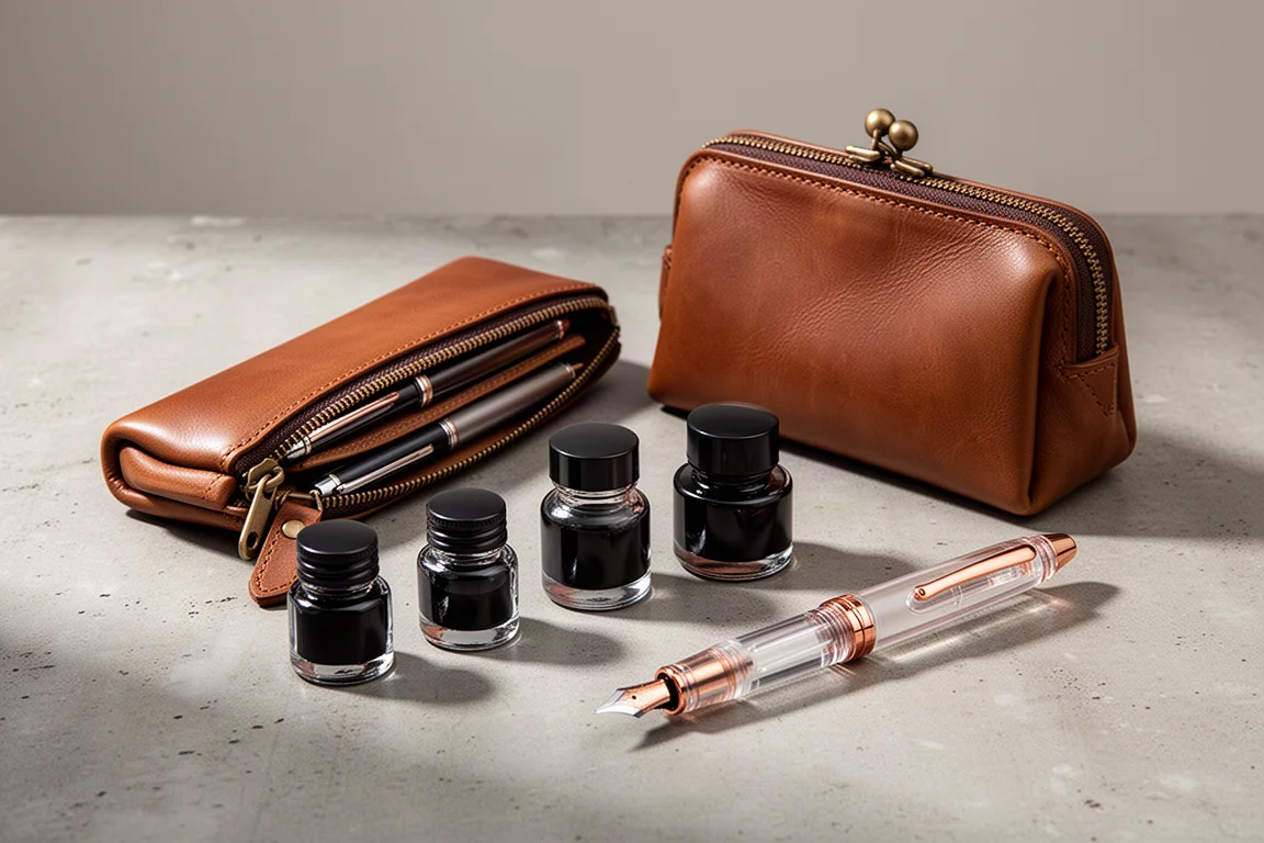 Leather pen cases, ink bottles, and a transparent fountain pen arranged on a concrete surface