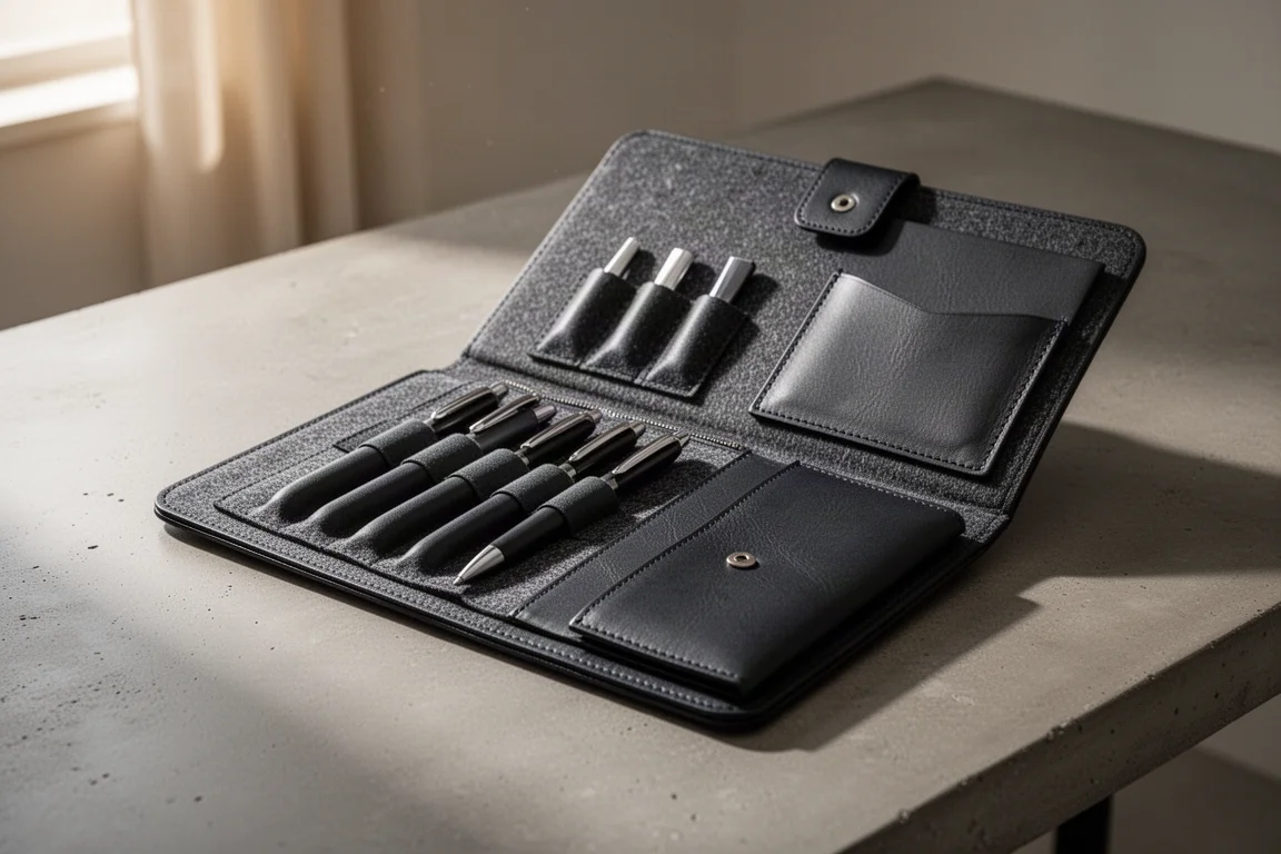 Large leather compendium open on a desk showing pen slots and pouches