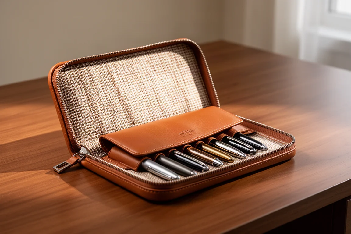 Zippered leather pen case open on a desk revealing silk-lined interior