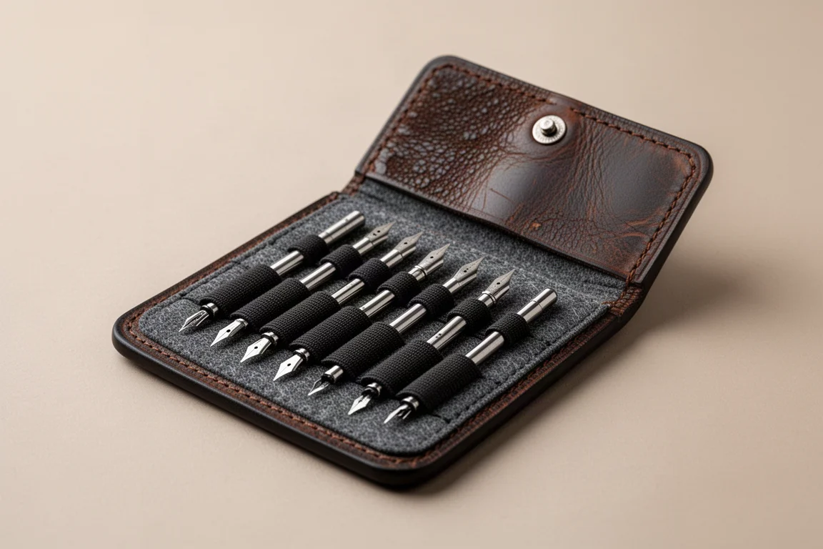 Leather nib case open showing elastic slots for individual nibs