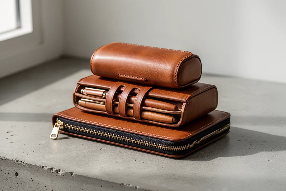 Three leather pen cases stacked neatly on a desk