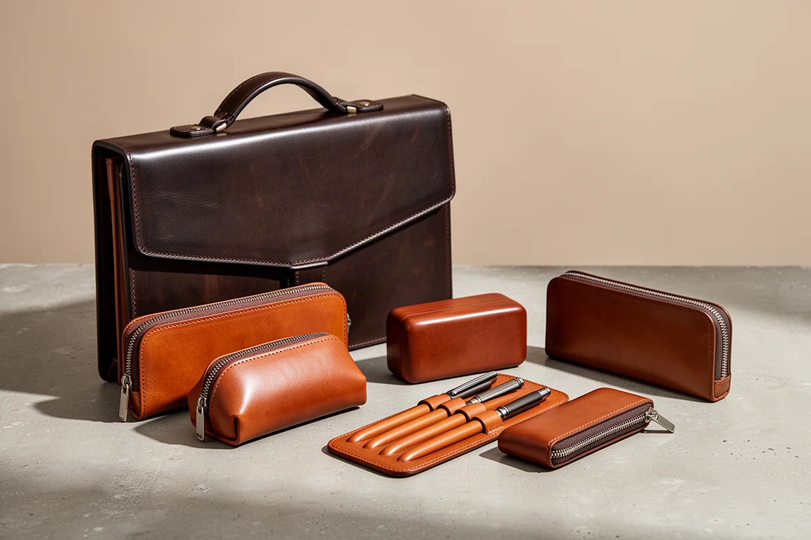 Collection of five Galen Leather cases arranged on a concrete surface